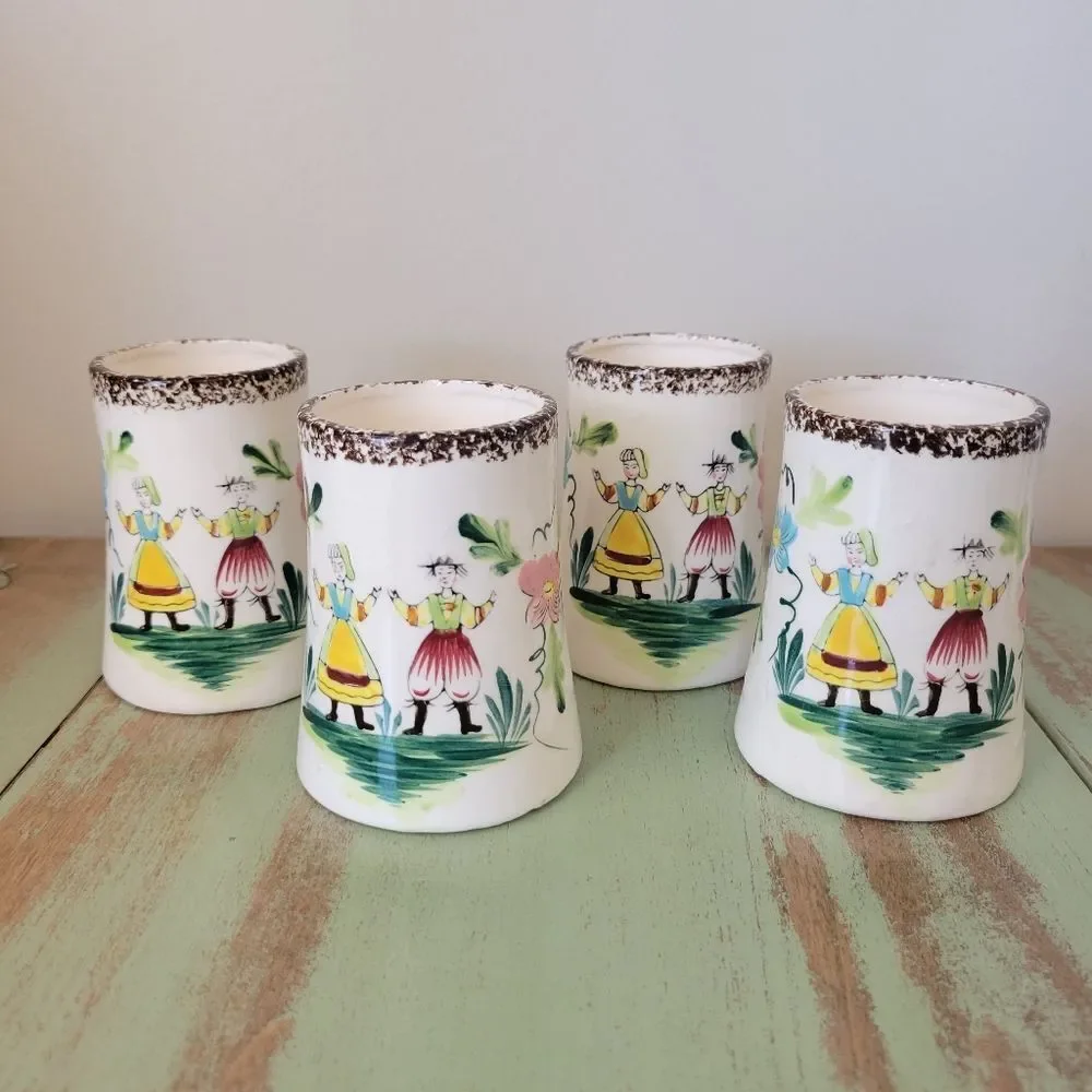 Dutch Folk Art Ceramic Cups • Hand-Painted Japan (Set of 4) 🌸